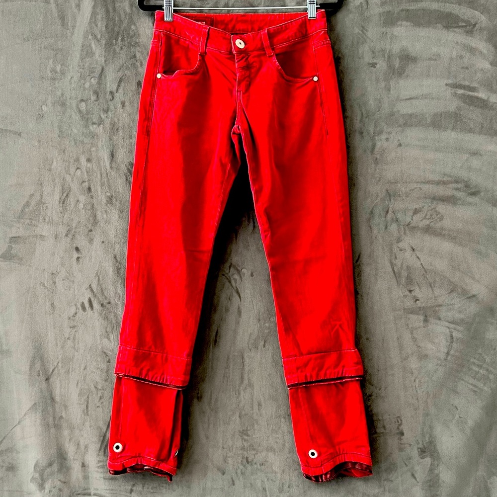 Marithé Francois Girbaud designer Red Jeans with brown leather detail at cuff.